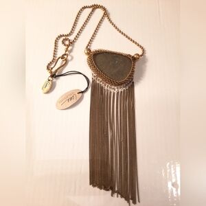 Lena BERNARD Gold and Silver Necklace With Big Statement Stone , Fringe